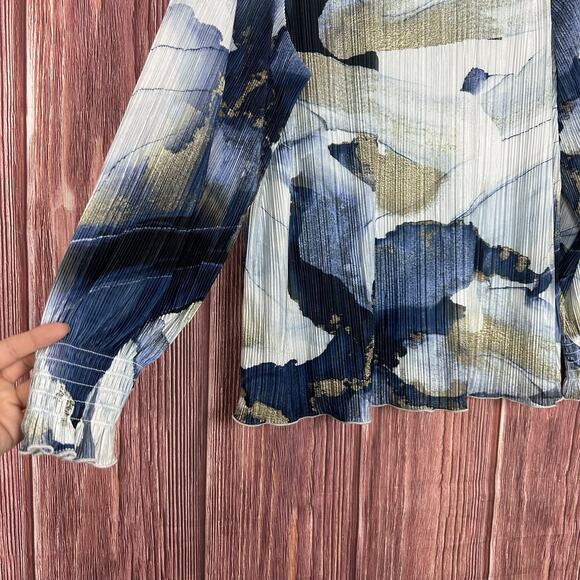 Chico's Foil Ocean Print Crinkle Top Long Sleeve Blue Gold Size 3 / US XL - Picture 4 of 6